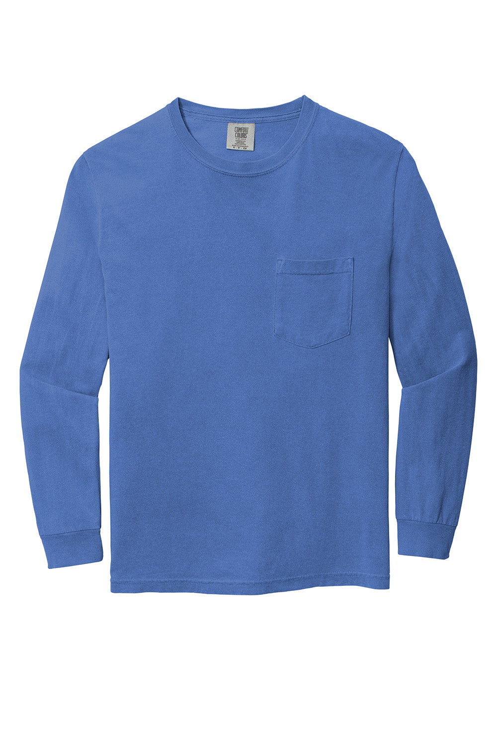 Comfort Colors 4410/C4410 Mens Long Sleeve Crewneck T-Shirt w/ Pocket Flo Blue Flat Front
