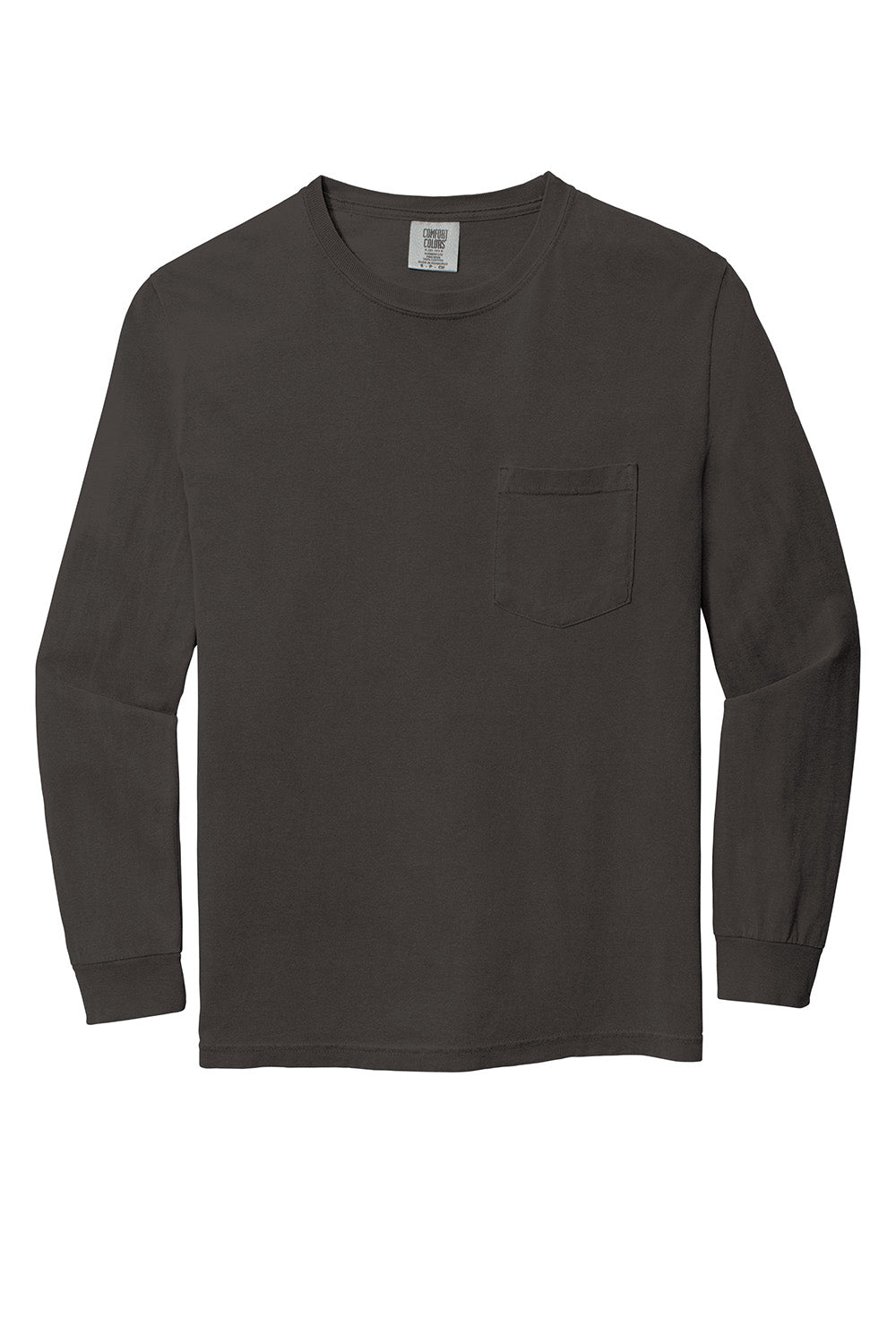 Comfort Colors 4410/C4410 Mens Long Sleeve Crewneck T-Shirt w/ Pocket Pepper Grey Flat Front