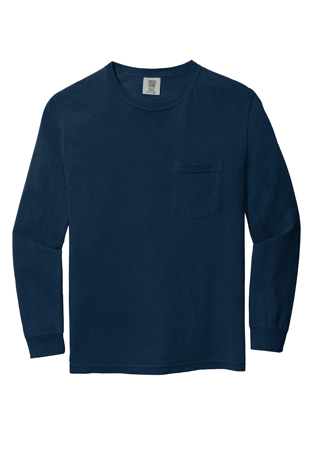 Comfort Colors 4410/C4410 Mens Long Sleeve Crewneck T-Shirt w/ Pocket True Navy Blue Flat Front