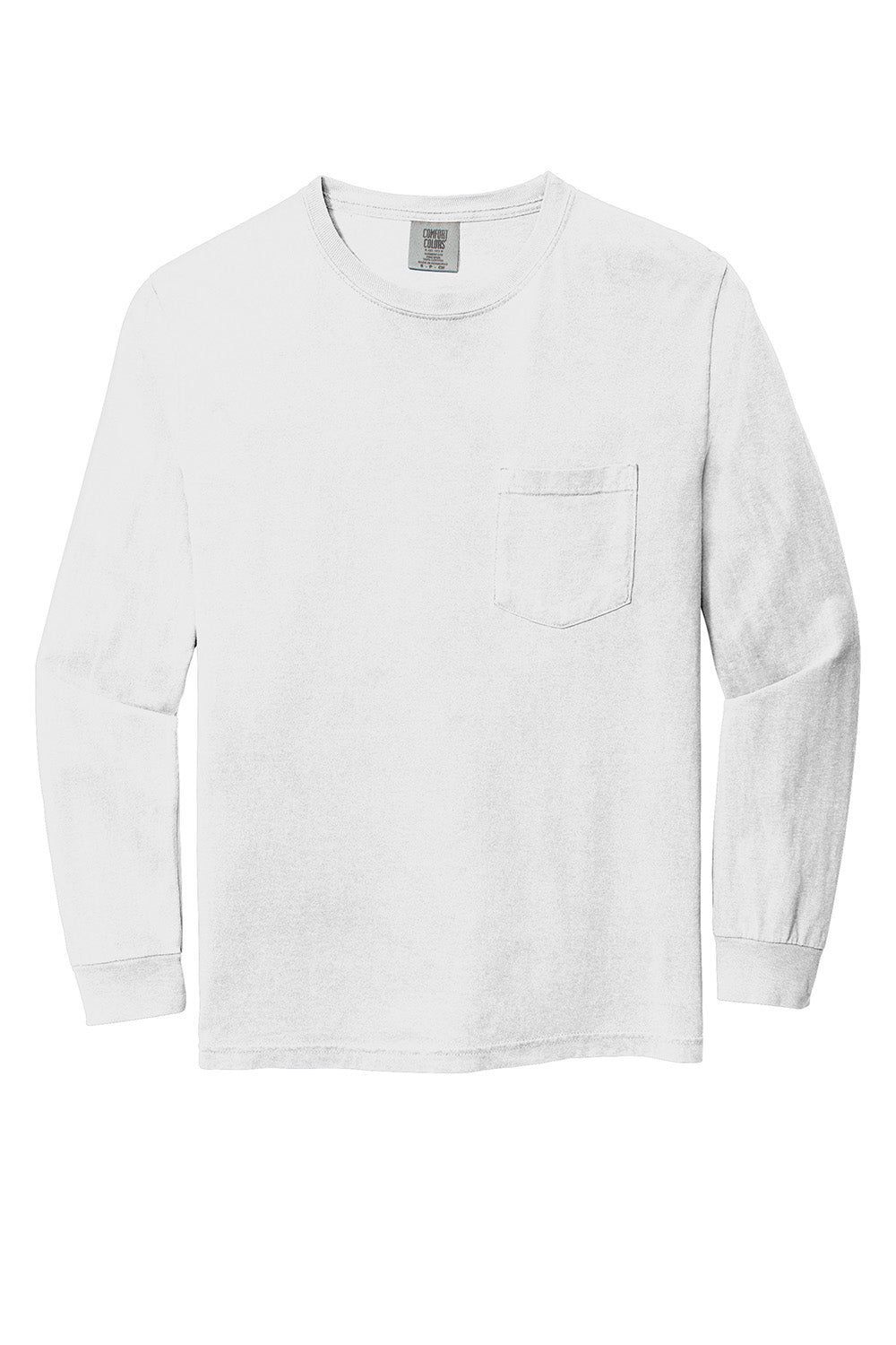 Comfort Colors 4410/C4410 Mens Long Sleeve Crewneck T-Shirt w/ Pocket White Flat Front