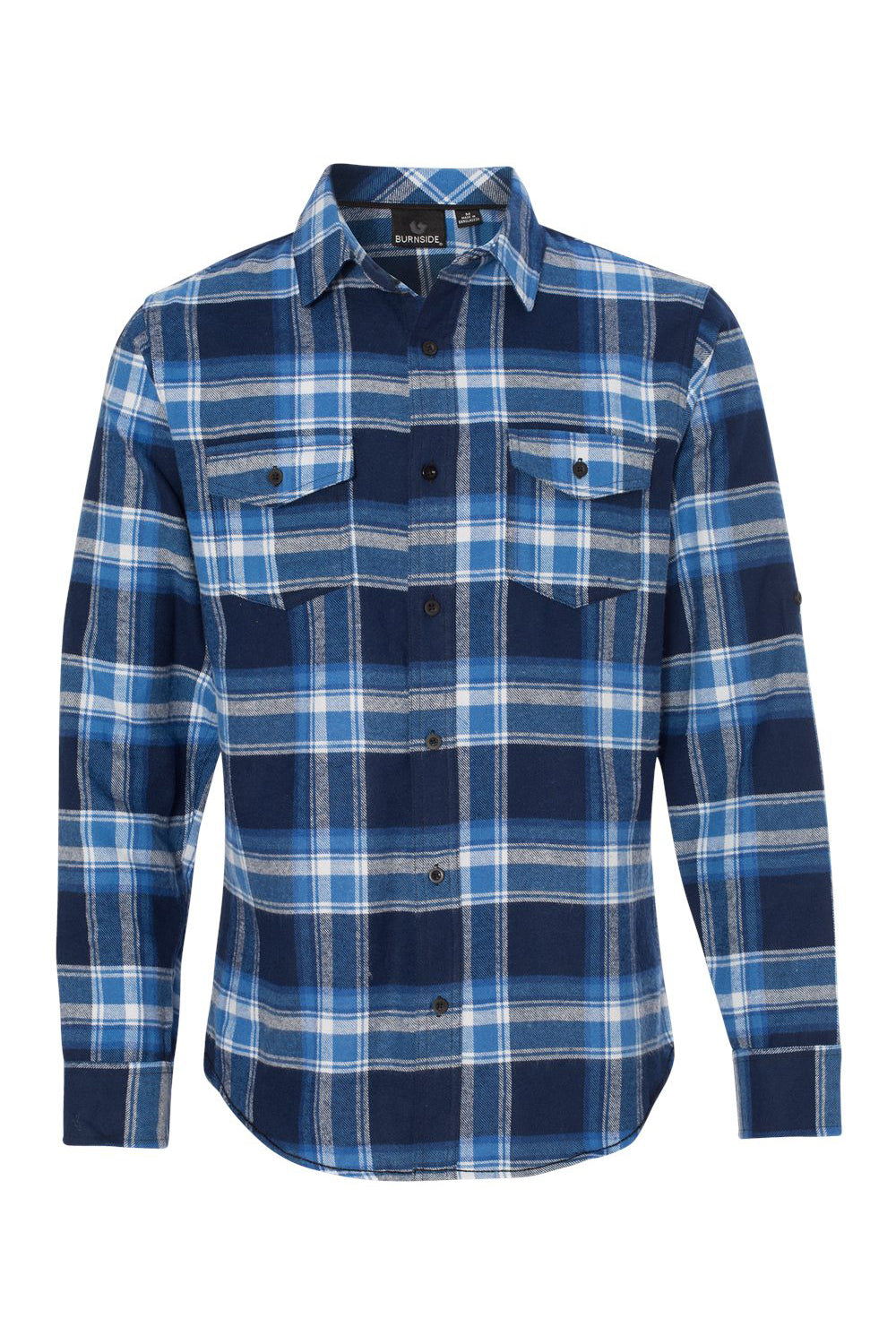 Burnside B8210/8210 Mens Flannel Long Sleeve Button Down Shirt w/ Double Pockets Blue/White Flat Front