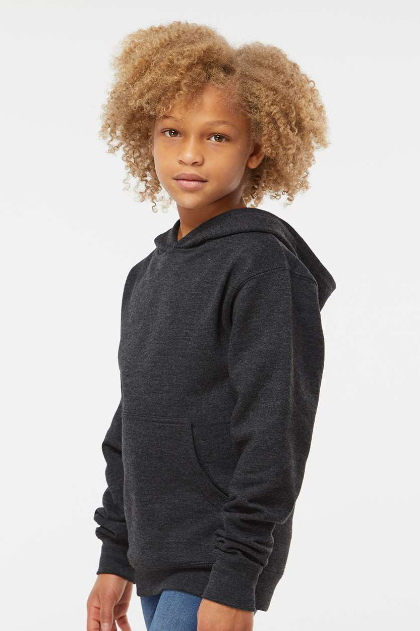 Independent Trading Company SS4001Y Youth Hooded Sweatshirt Hoodie w/ Pouch Pocket Heather Charcoal Grey Model Side