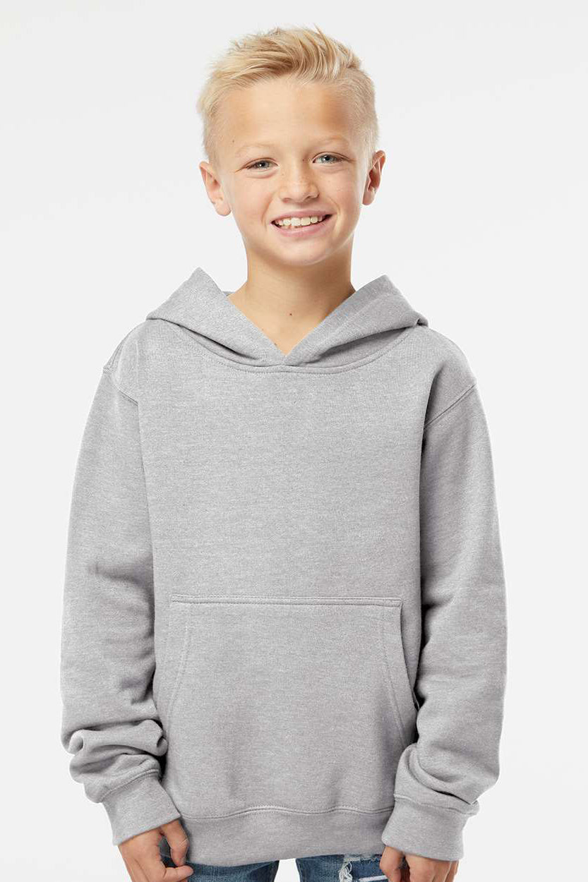 Independent Trading Company SS4001Y Youth Hooded Sweatshirt Hoodie w/ Pouch Pocket Heather Grey Model Front