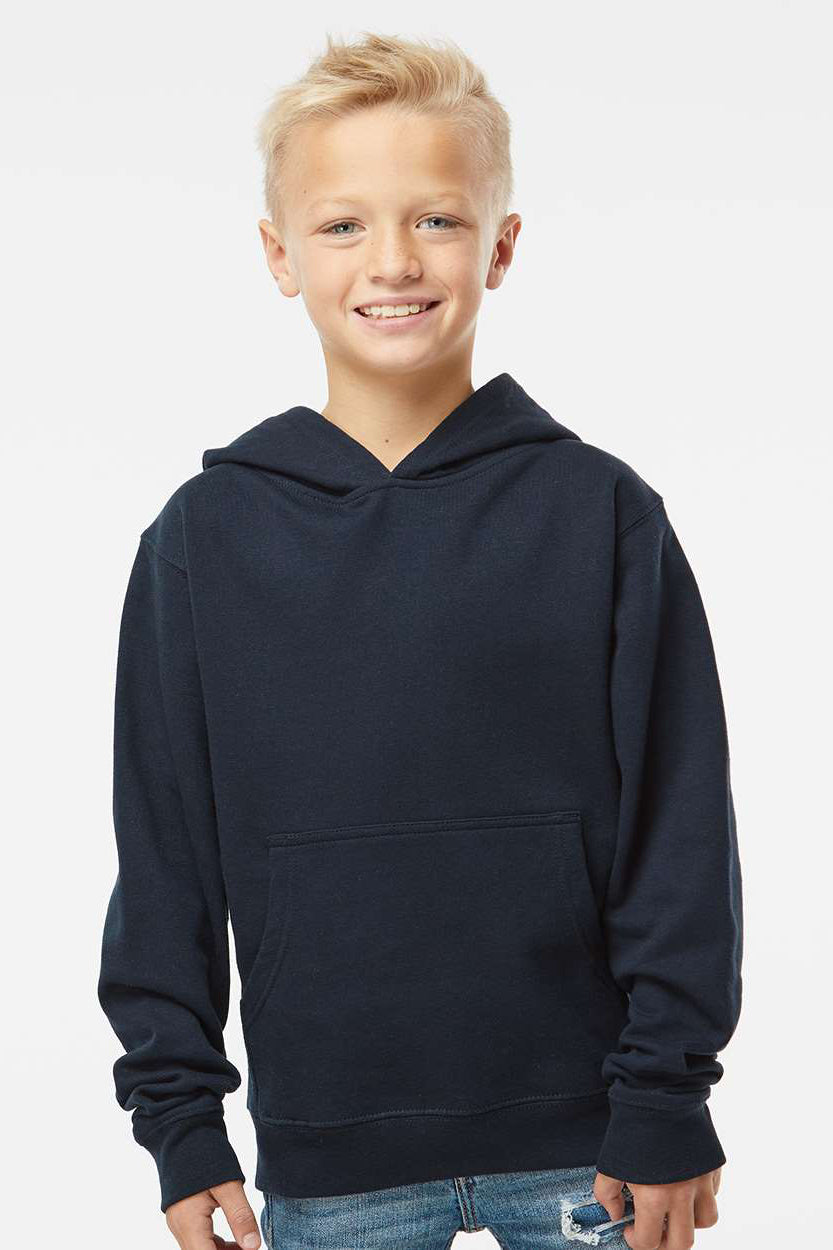 Independent Trading Company SS4001Y Youth Hooded Sweatshirt Hoodie w/ Pouch Pocket Navy Blue Model Front