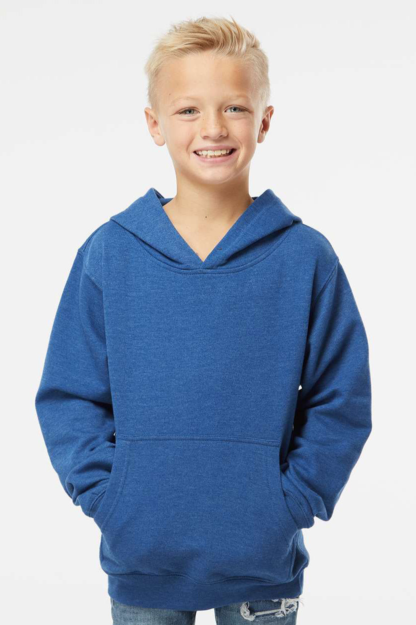 Independent Trading Company SS4001Y Youth Hooded Sweatshirt Hoodie w/ Pouch Pocket Heather Royal Blue Model Front