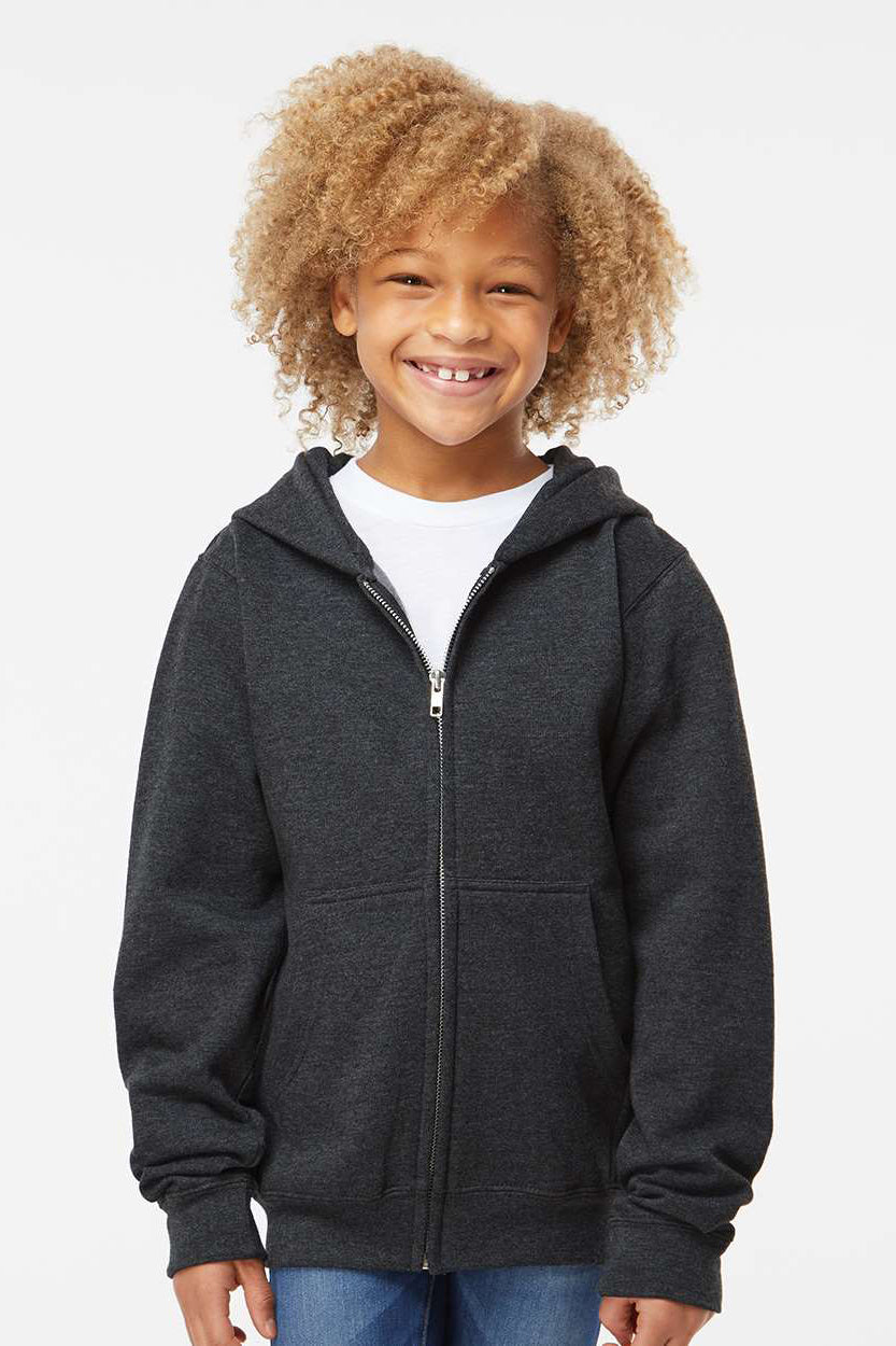 Independent Trading Company SS4001YZ Youth Full Zip Hooded Sweatshirt Hoodie w/ Pockets Heather Charcoal Grey Model Front