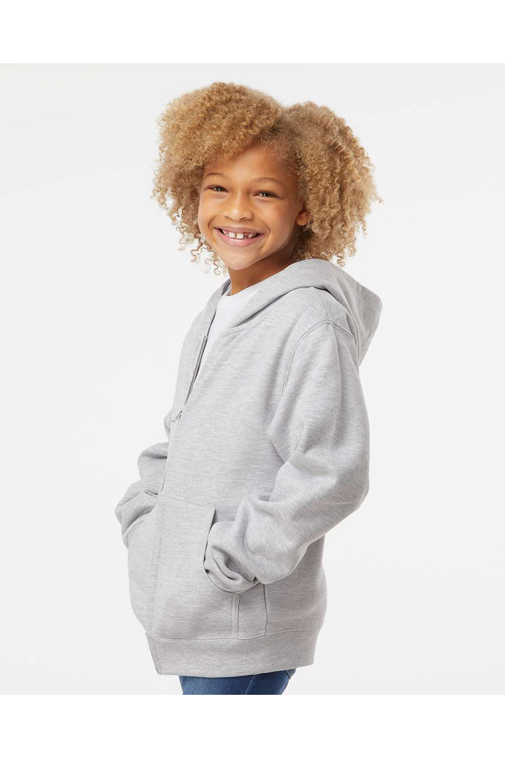 Independent Trading Co. SS4001YZ Youth Full Zip Hooded Sweatshirt Hoodie Heather Grey Model Side