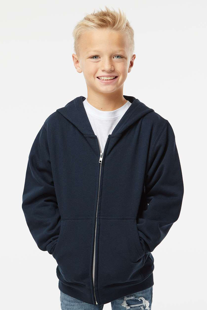 Independent Trading Company SS4001YZ Youth Full Zip Hooded Sweatshirt Hoodie w/ Pockets Navy Blue Model Front