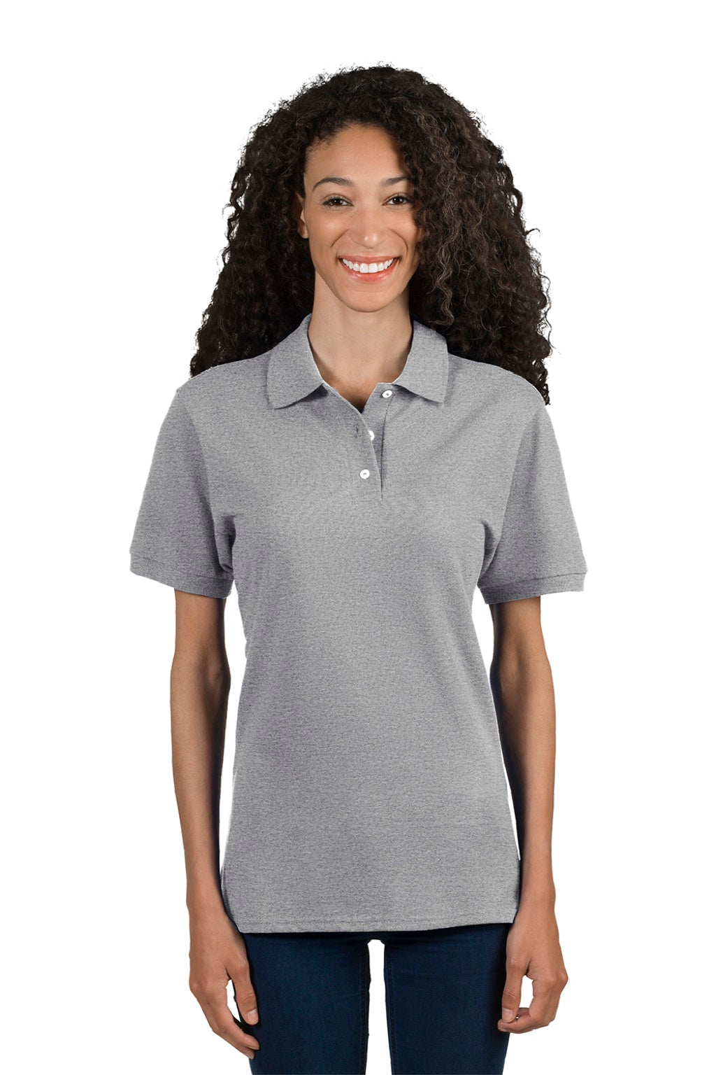 Jerzees 443W Womens Short Sleeve Polo Shirt Heather Grey Model Front