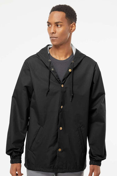 Independent Trading Company EXP95NB Mens Water Resistant Snap Down Hooded Windbreaker Jacket Black Model Front