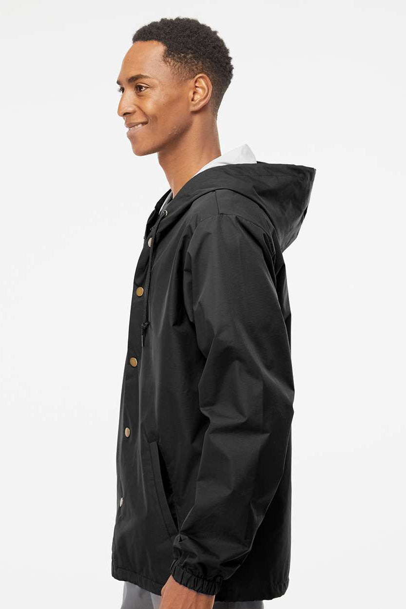 Independent Trading Company EXP95NB Mens Water Resistant Snap Down Hooded Windbreaker Jacket Black Model Side