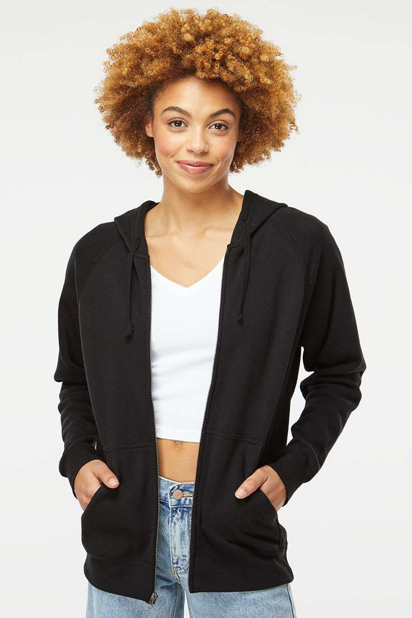 Independent Trading Company PRM33SBZ Mens Special Blend Raglan Full Zip Hooded Sweatshirt Hoodie w/ Pockets Black Model Front