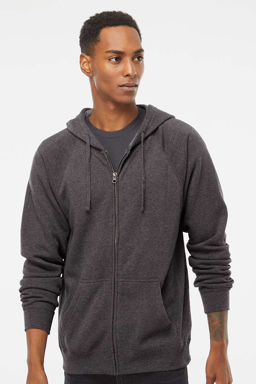 Independent Trading Company PRM33SBZ Mens Special Blend Raglan Full Zip Hooded Sweatshirt Hoodie w/ Pockets Carbon Grey Model Front