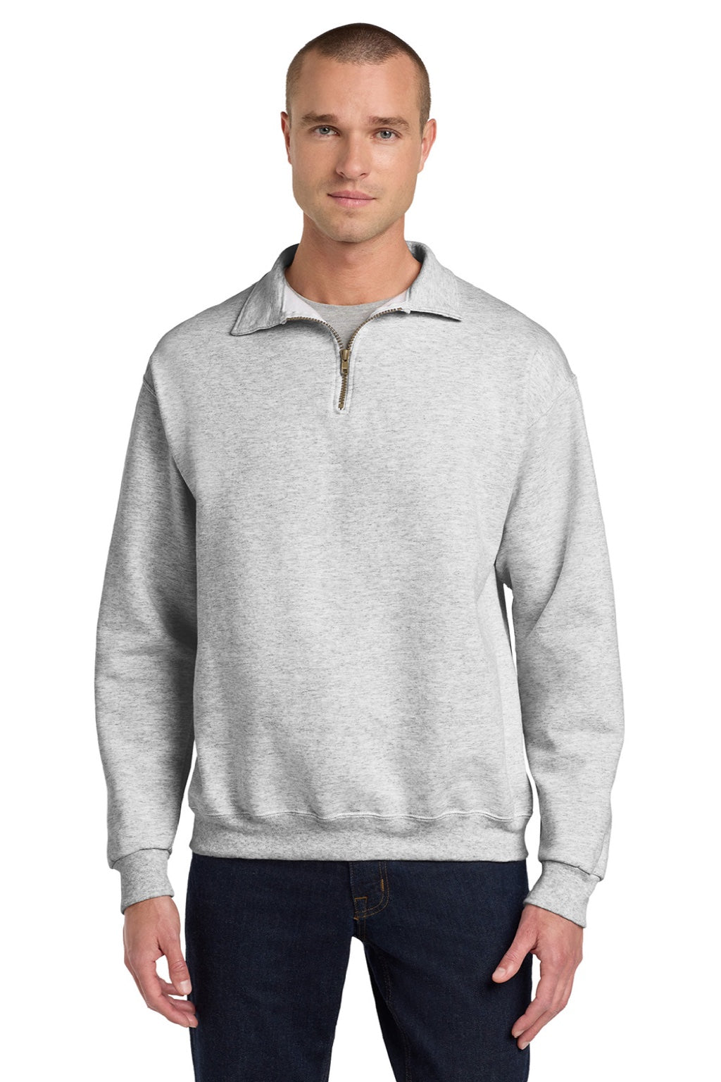 Jerzees 4528M/4528MR Mens Super Sweats NuBlend Pill Resistant Fleece 1/4 Zip Sweatshirt Ash Grey Model Front