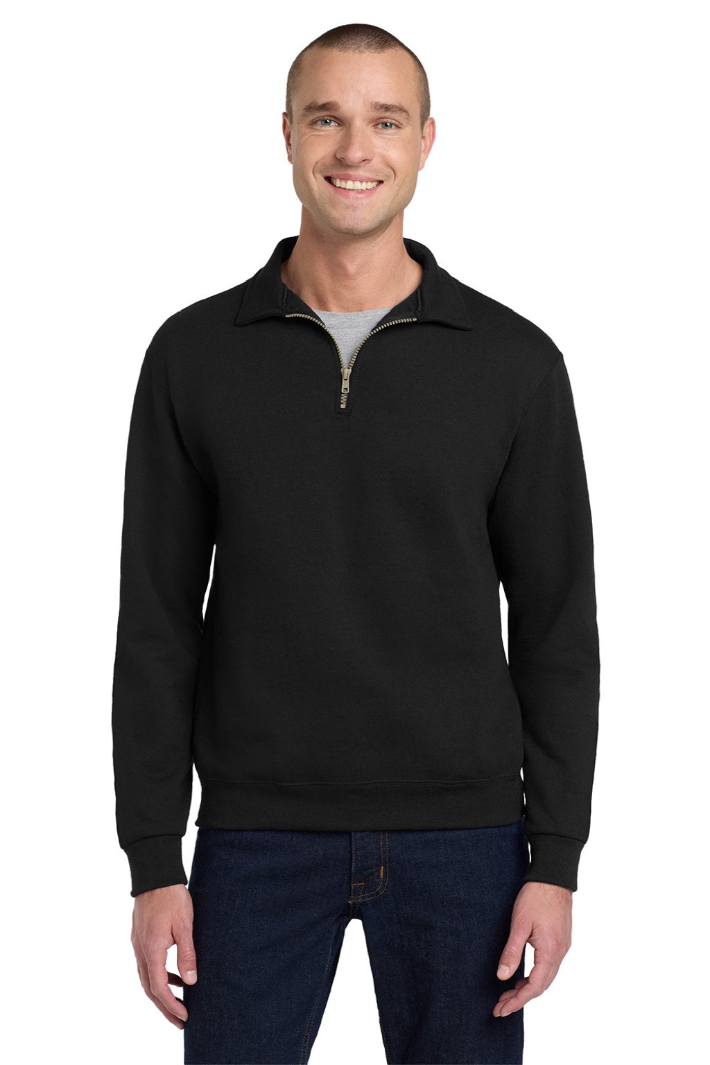 Jerzees 4528M/4528MR Mens Super Sweats NuBlend Pill Resistant Fleece 1/4 Zip Sweatshirt Black Model Front