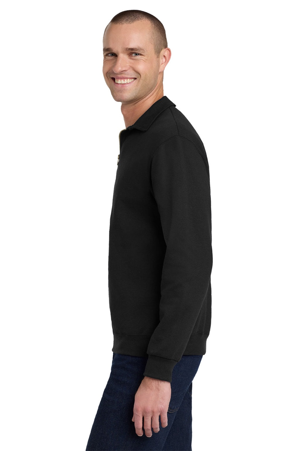 Jerzees 4528M/4528MR Mens Super Sweats NuBlend Pill Resistant Fleece 1/4 Zip Sweatshirt Black Model Side