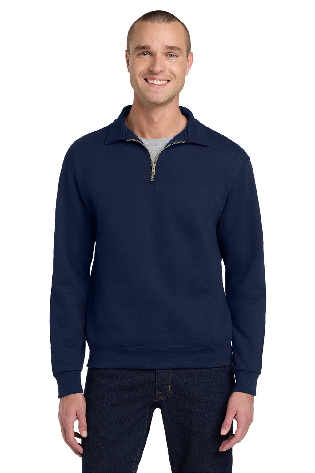 Jerzees 4528M/4528MR Mens Super Sweats NuBlend Pill Resistant Fleece 1/4 Zip Sweatshirt Navy Blue Model Front