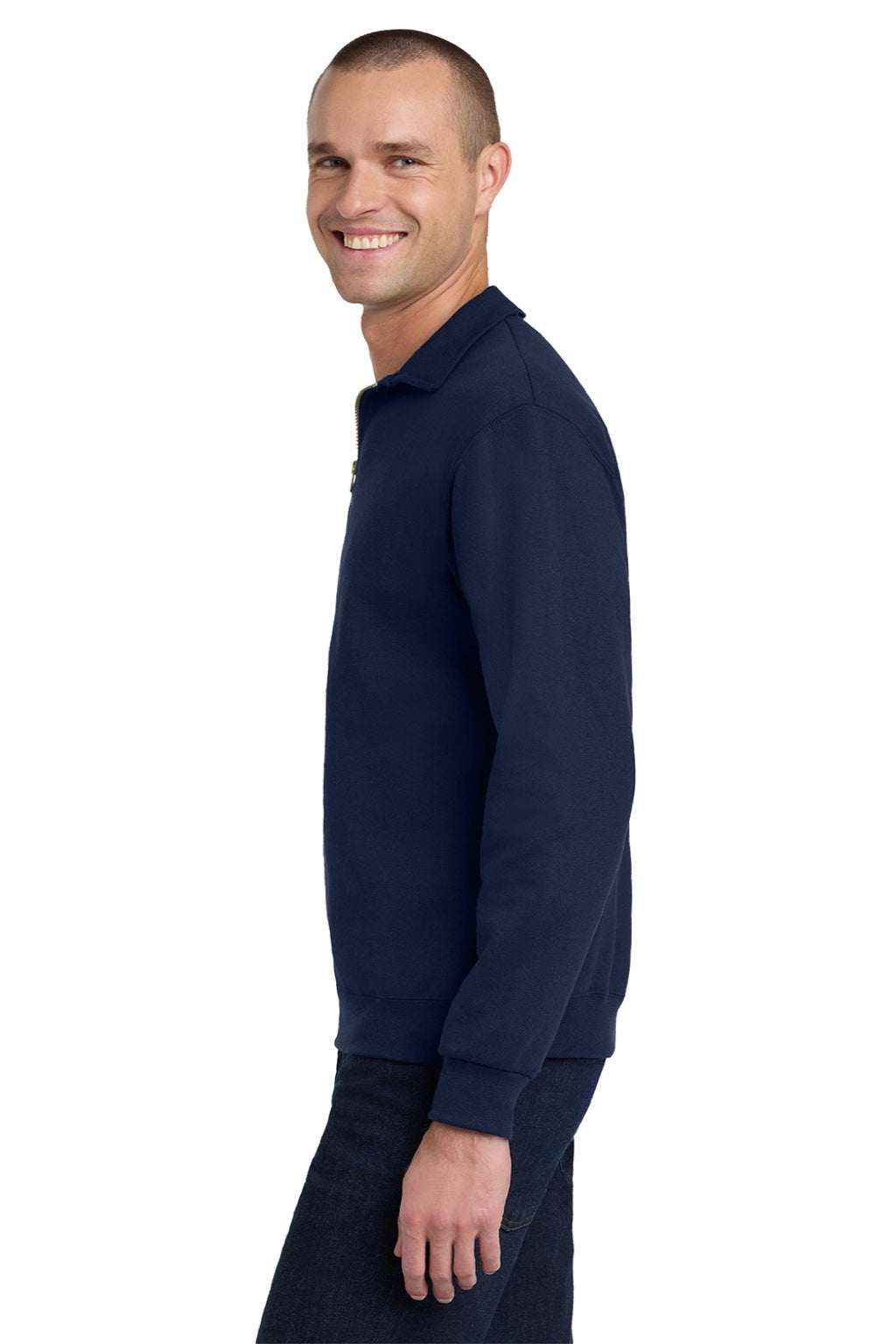 Jerzees 4528M/4528MR Mens Super Sweats NuBlend Pill Resistant Fleece 1/4 Zip Sweatshirt Navy Blue Model Side