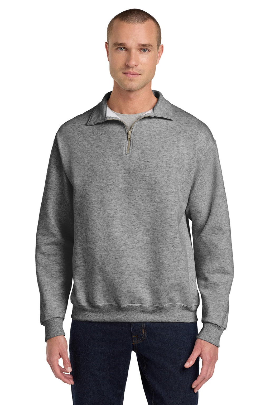 Jerzees 4528M/4528MR Mens Super Sweats NuBlend Pill Resistant Fleece 1/4 Zip Sweatshirt Oxford Grey Model Front