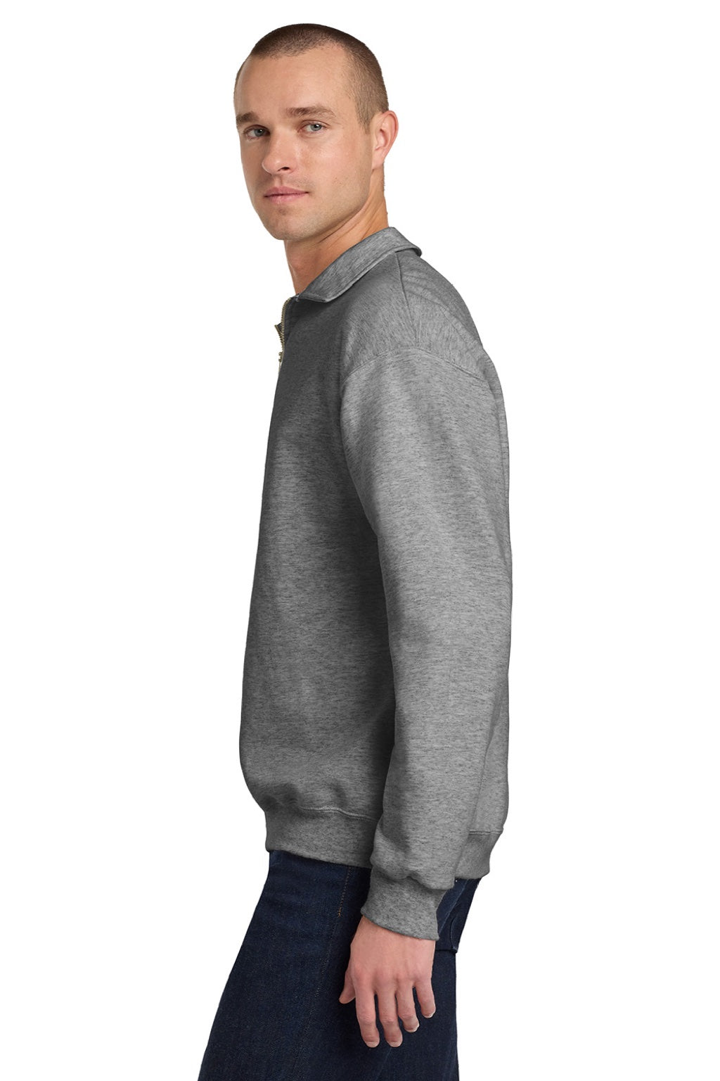Jerzees 4528M/4528MR Mens Super Sweats NuBlend Pill Resistant Fleece 1/4 Zip Sweatshirt Oxford Grey Model Side