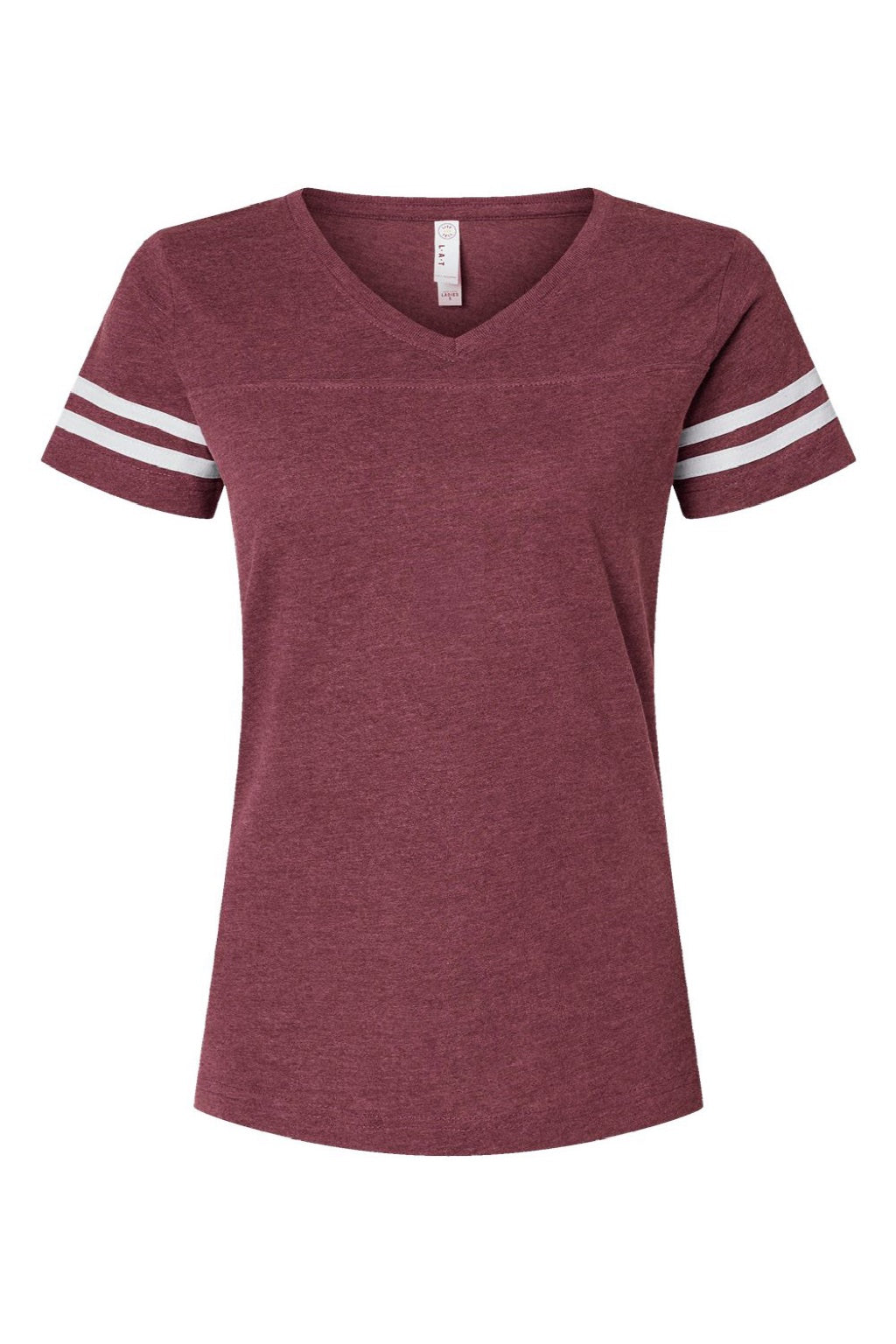 LAT 3537 Womens Fine Jersey Short Sleeve V-Neck T-Shirt Vintage Burgundy/White Flat Front