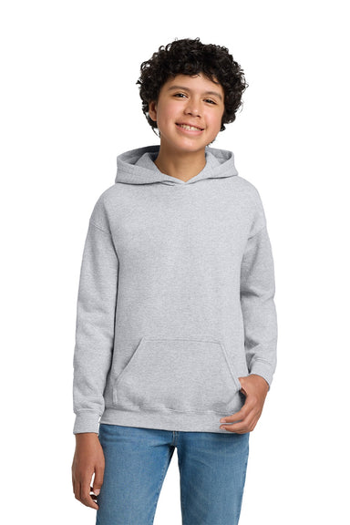 Gildan 18500B Youth Pill Resistant Hooded Sweatshirt Hoodie w/ Pouch Pocket Ash Grey Model Front