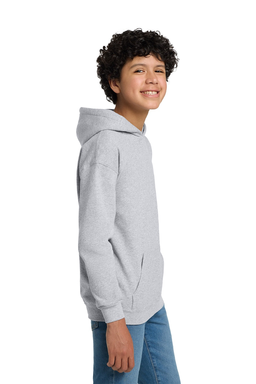 Gildan 18500B Youth Pill Resistant Hooded Sweatshirt Hoodie w/ Pouch Pocket Ash Grey Model Side