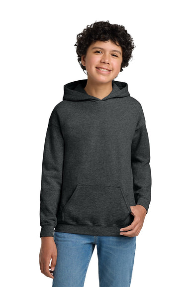 Gildan 18500B Youth Pill Resistant Hooded Sweatshirt Hoodie w/ Pouch Pocket Fan Heather Charcoal Grey Model Front