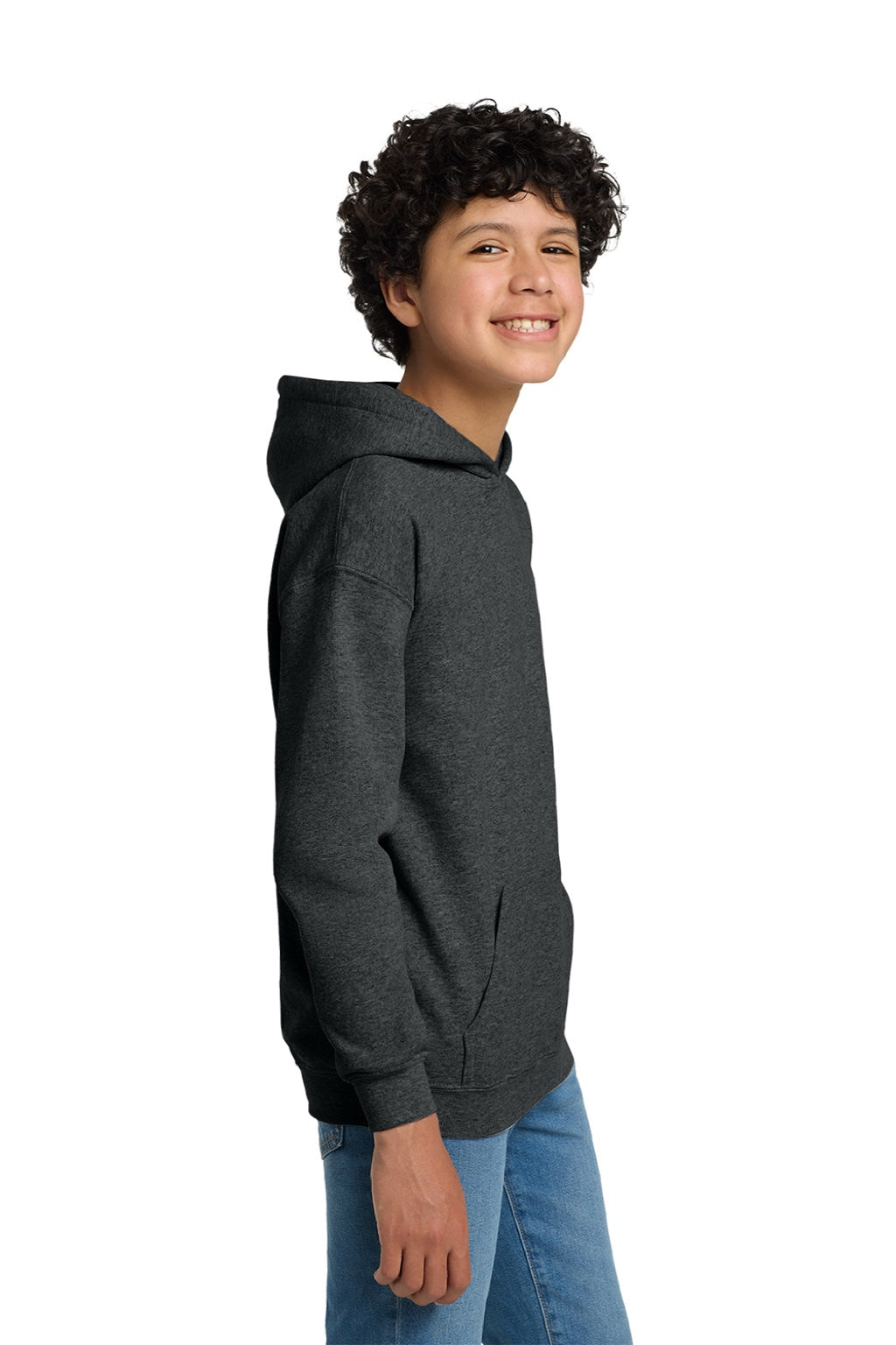 Gildan 18500B Youth Pill Resistant Hooded Sweatshirt Hoodie w/ Pouch Pocket Fan Heather Charcoal Grey Model Side
