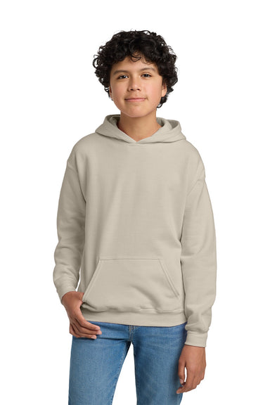 Gildan 18500B Youth Pill Resistant Hooded Sweatshirt Hoodie w/ Pouch Pocket Sand Model Front