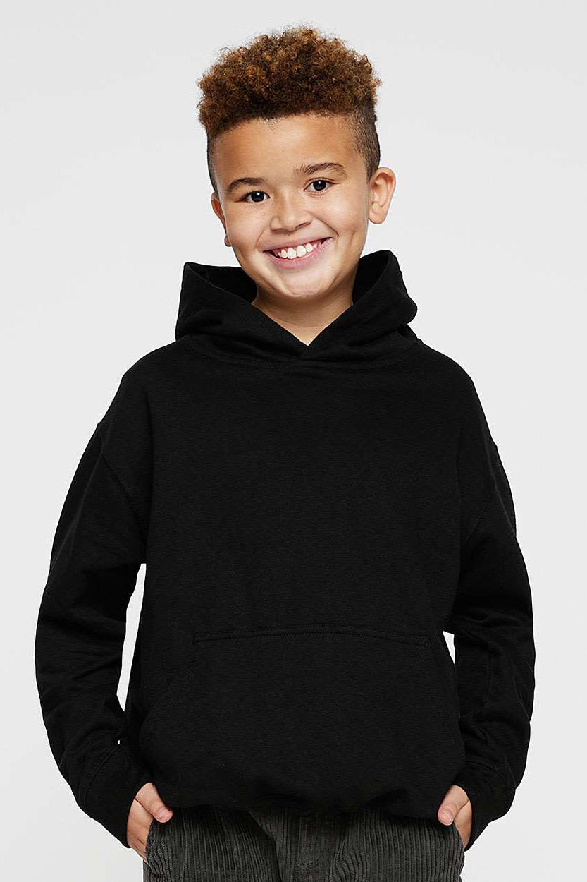 LAT 2296 Youth Fleece Hooded Sweatshirt Hoodie w/ Pouch Pocket Black Model Front