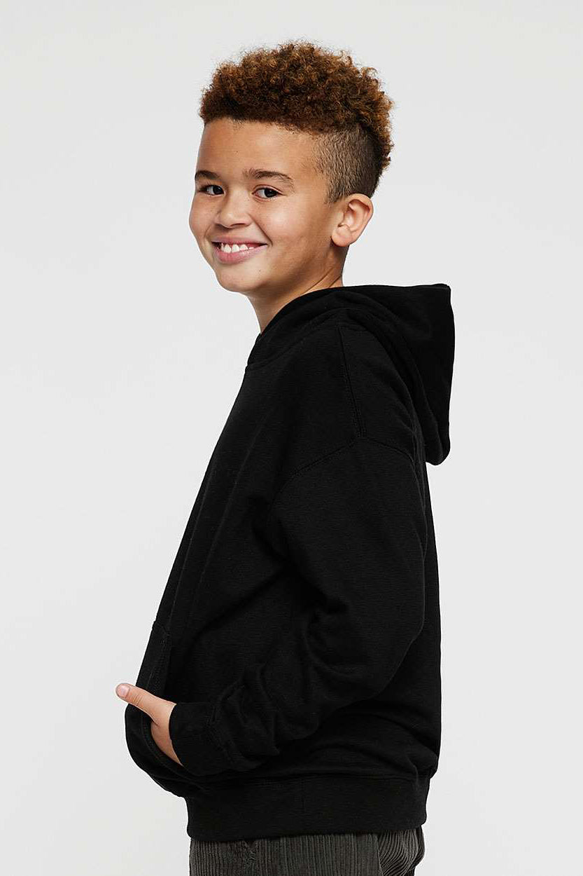 LAT 2296 Youth Fleece Hooded Sweatshirt Hoodie w/ Pouch Pocket Black Model Side