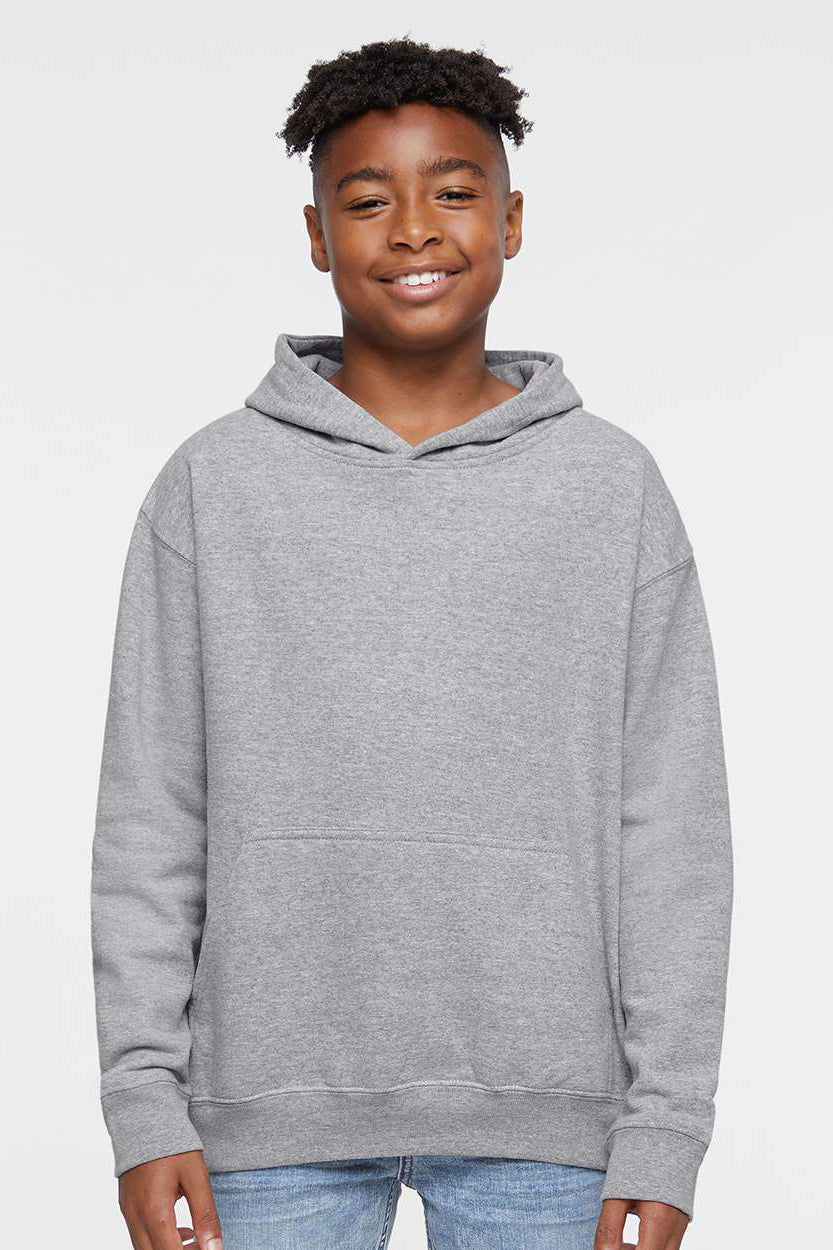 LAT 2296 Youth Fleece Hooded Sweatshirt Hoodie w/ Pouch Pocket Heather Grey Model Front