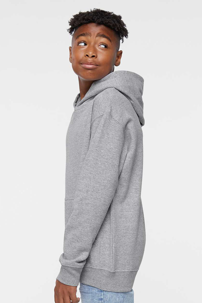 LAT 2296 Youth Fleece Hooded Sweatshirt Hoodie w/ Pouch Pocket Heather Grey Model Side