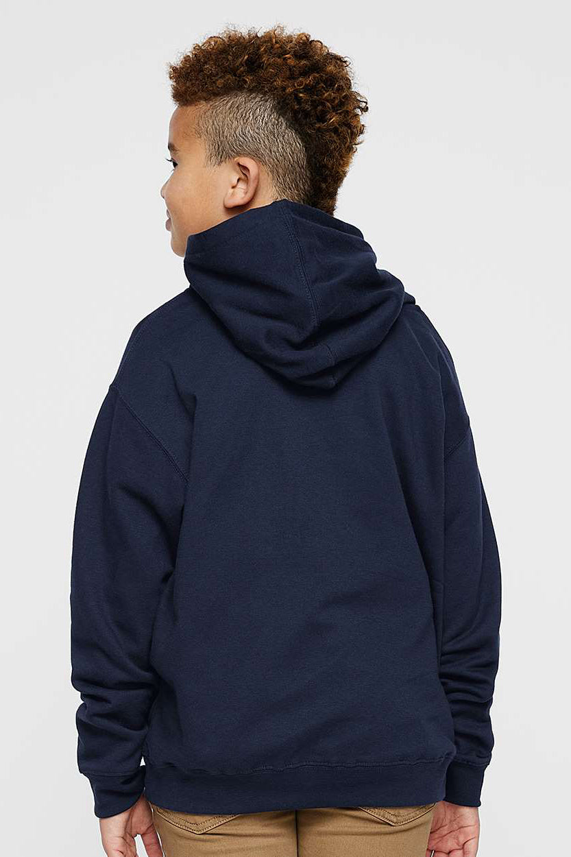 LAT 2296 Youth Fleece Hooded Sweatshirt Hoodie w/ Pouch Pocket Navy Blue Model Back