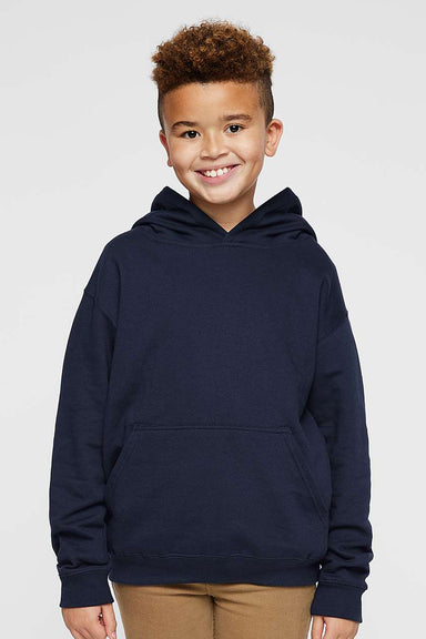 LAT 2296 Youth Fleece Hooded Sweatshirt Hoodie w/ Pouch Pocket Navy Blue Model Front