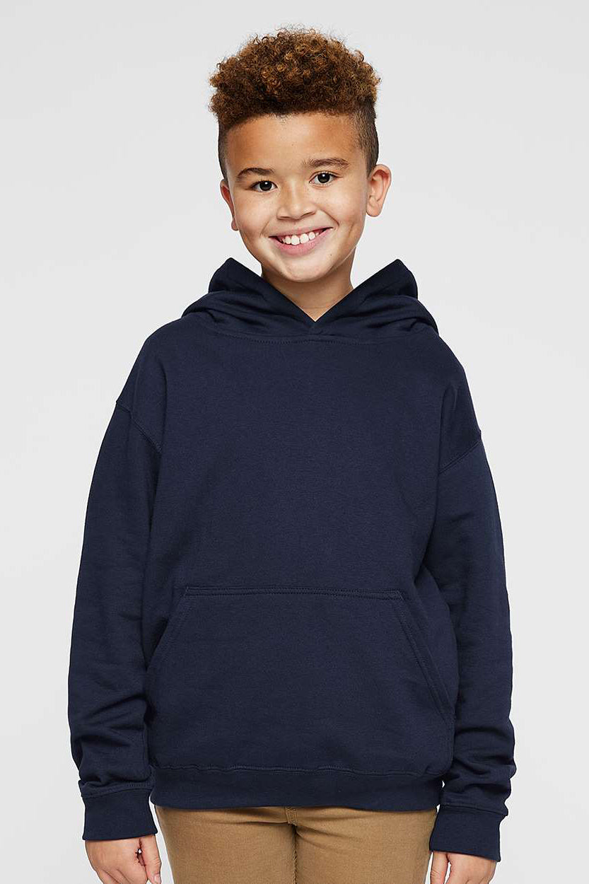 LAT 2296 Youth Fleece Hooded Sweatshirt Hoodie w/ Pouch Pocket Navy Blue Model Front