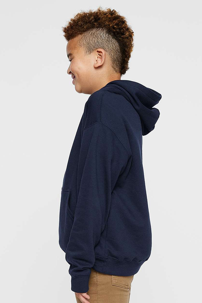 LAT 2296 Youth Fleece Hooded Sweatshirt Hoodie w/ Pouch Pocket Navy Blue Model Side