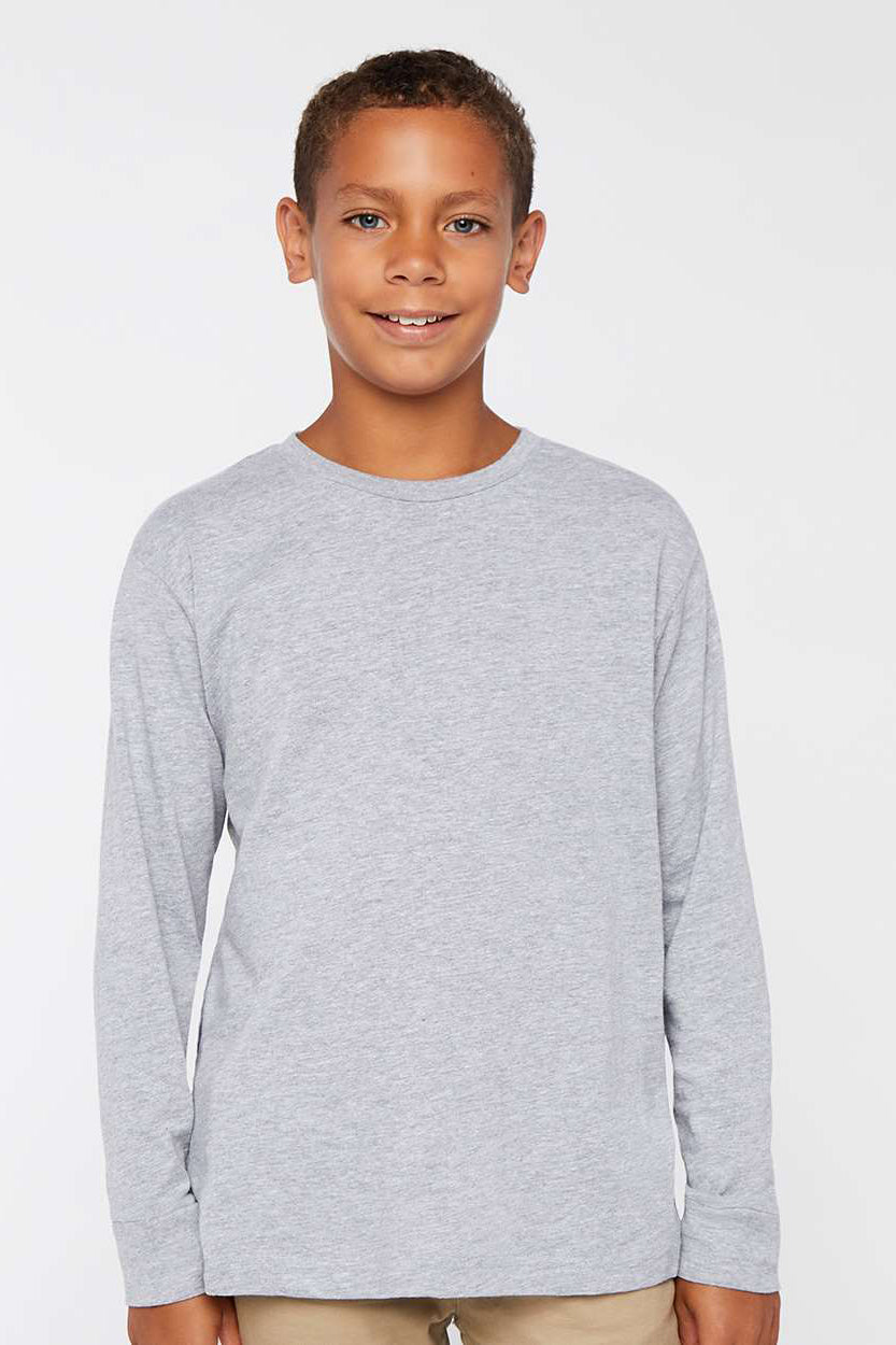 LAT 6201 Youth Fine Jersey Long Sleeve Crewneck T-Shirt Heather Grey Model Front