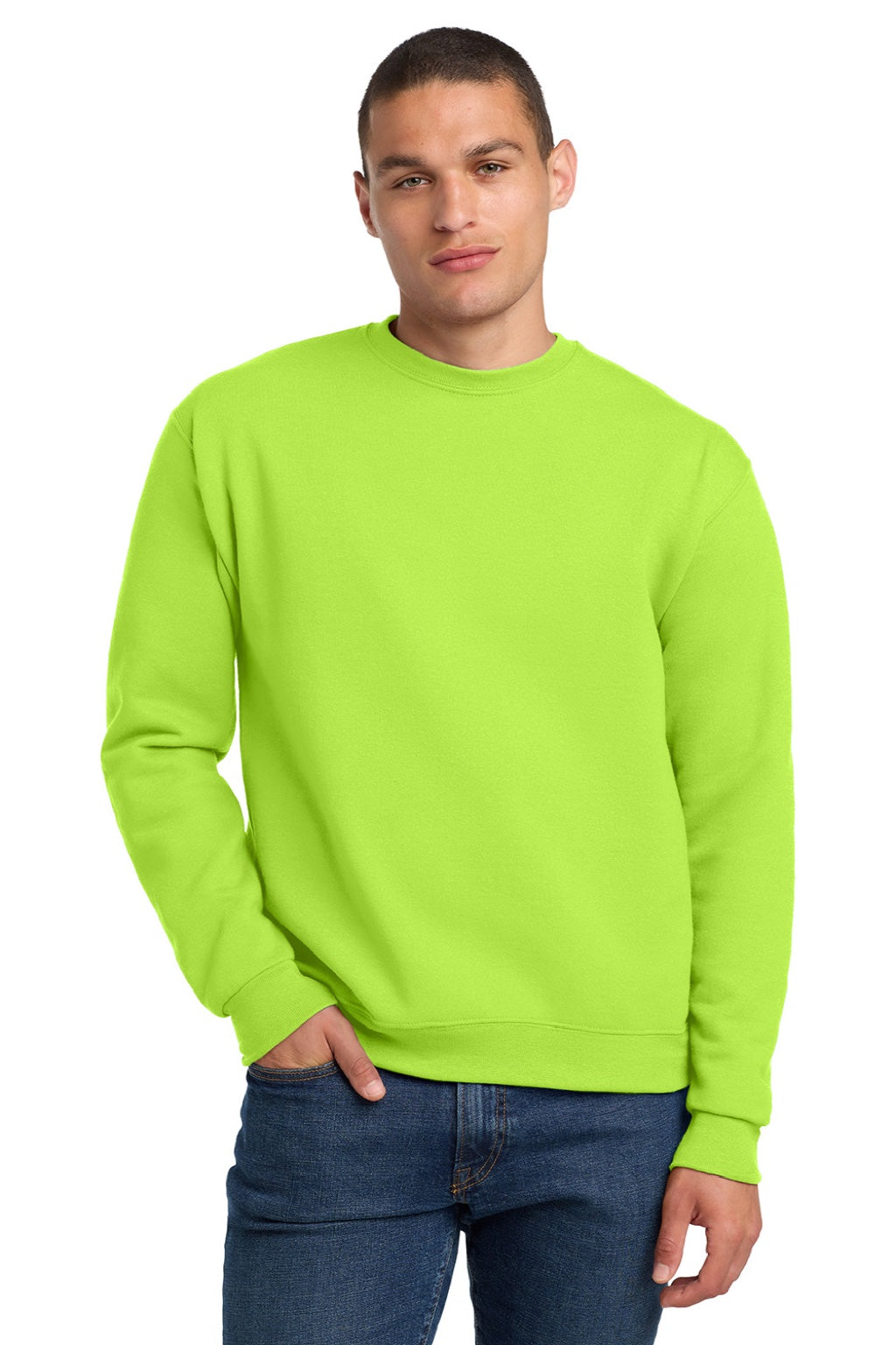 Jerzees 4662M/4662MR Mens Super Sweats NuBlend Pill Resistant Fleece Crewneck Sweatshirt Safety Green Model Front