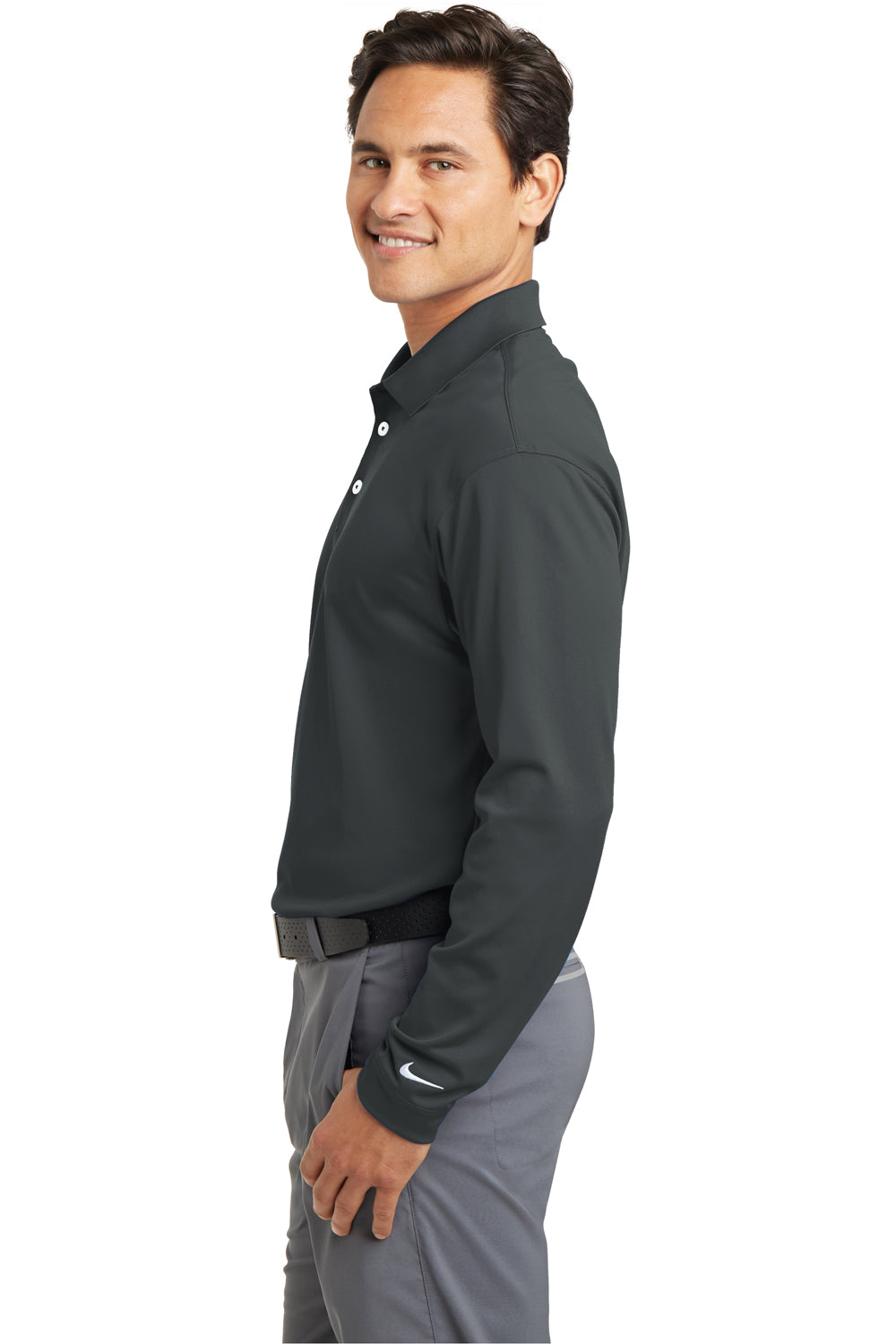 Nike 466364/604940 Mens Stretch Tech Dri-Fit Moisture Wicking Long Sleeve Polo Shirt Anthracite Grey Model Side