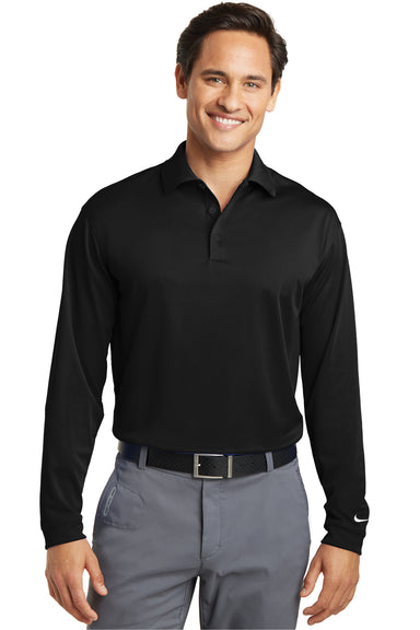 Nike 466364/604940 Mens Stretch Tech Dri-Fit Moisture Wicking Long Sleeve Polo Shirt Black Model Front