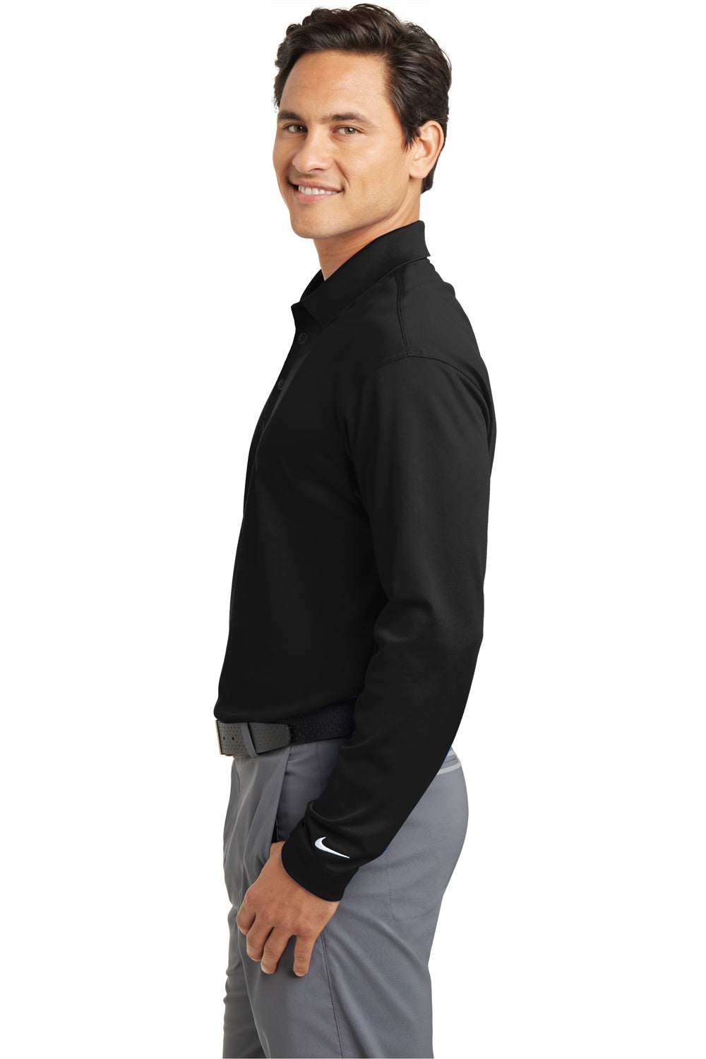 Nike 466364/604940 Mens Stretch Tech Dri-Fit Moisture Wicking Long Sleeve Polo Shirt Black Model Side