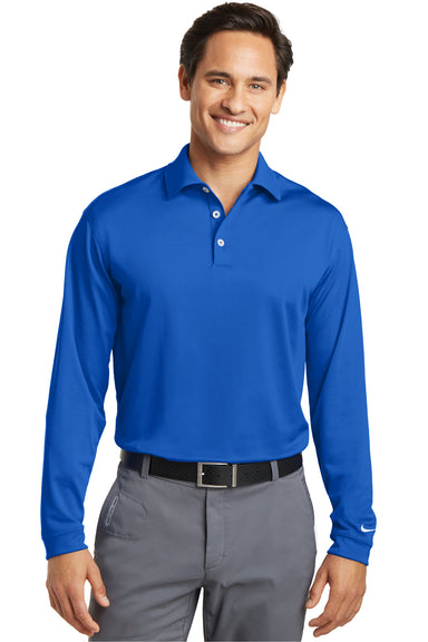 Nike 466364/604940 Mens Stretch Tech Dri-Fit Moisture Wicking Long Sleeve Polo Shirt Sapphire Blue Model Front