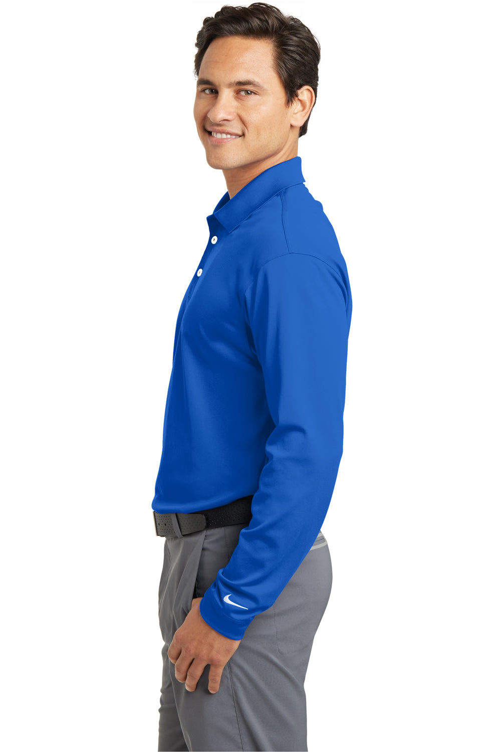 Nike 466364/604940 Mens Stretch Tech Dri-Fit Moisture Wicking Long Sleeve Polo Shirt Sapphire Blue Model Side