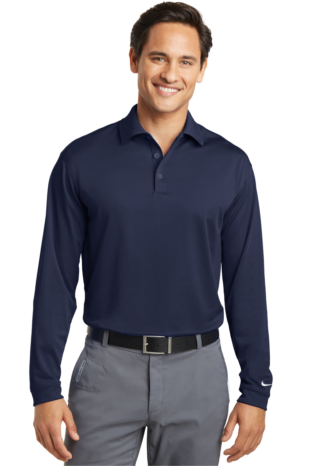 Nike 466364/604940 Mens Stretch Tech Dri-Fit Moisture Wicking Long Sleeve Polo Shirt Midnight Navy Blue Model Front