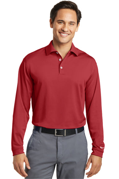 Nike 466364/604940 Mens Stretch Tech Dri-Fit Moisture Wicking Long Sleeve Polo Shirt Varsity Red Model Front