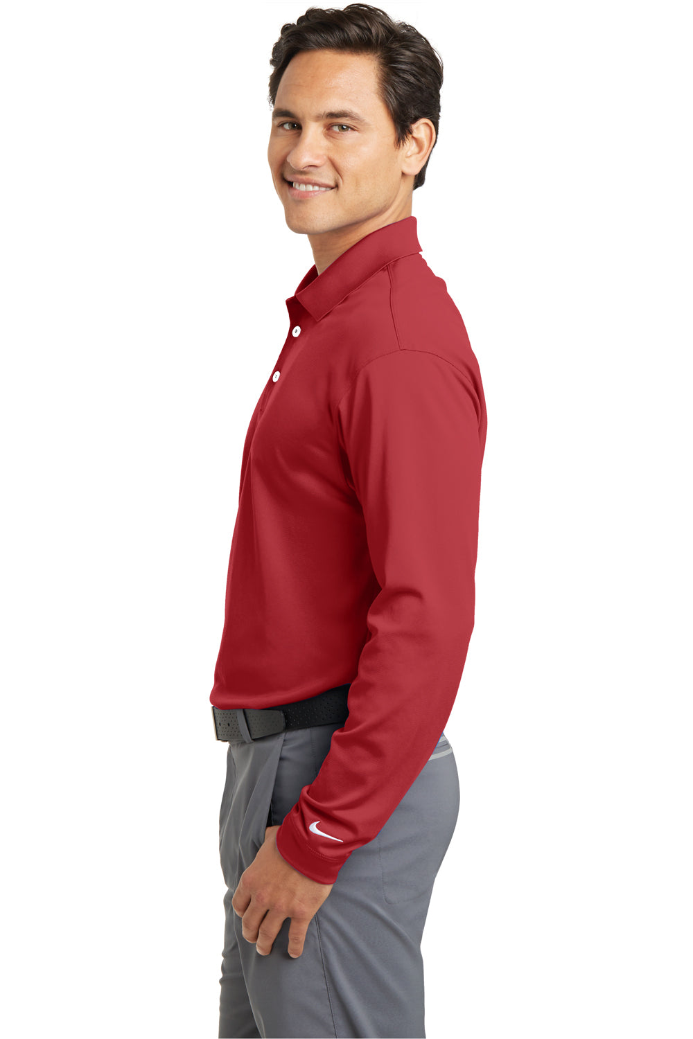 Nike 466364/604940 Mens Stretch Tech Dri-Fit Moisture Wicking Long Sleeve Polo Shirt Varsity Red Model Side