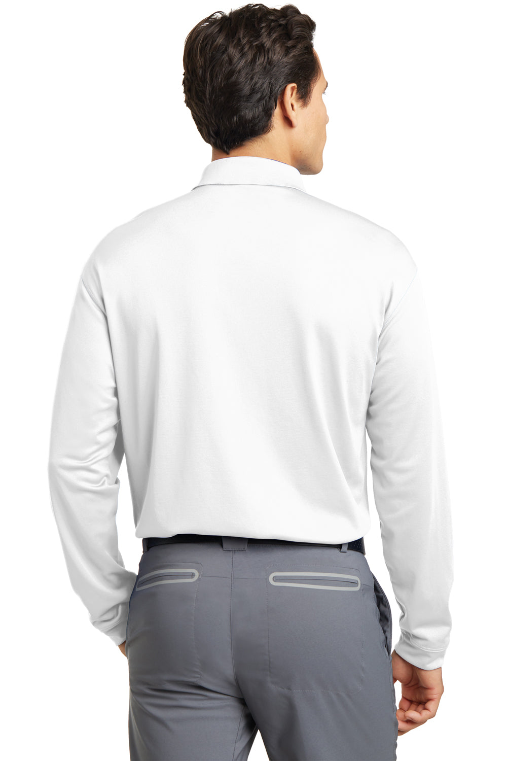 Nike 466364/604940 Mens Stretch Tech Dri-Fit Moisture Wicking Long Sleeve Polo Shirt White Model Back