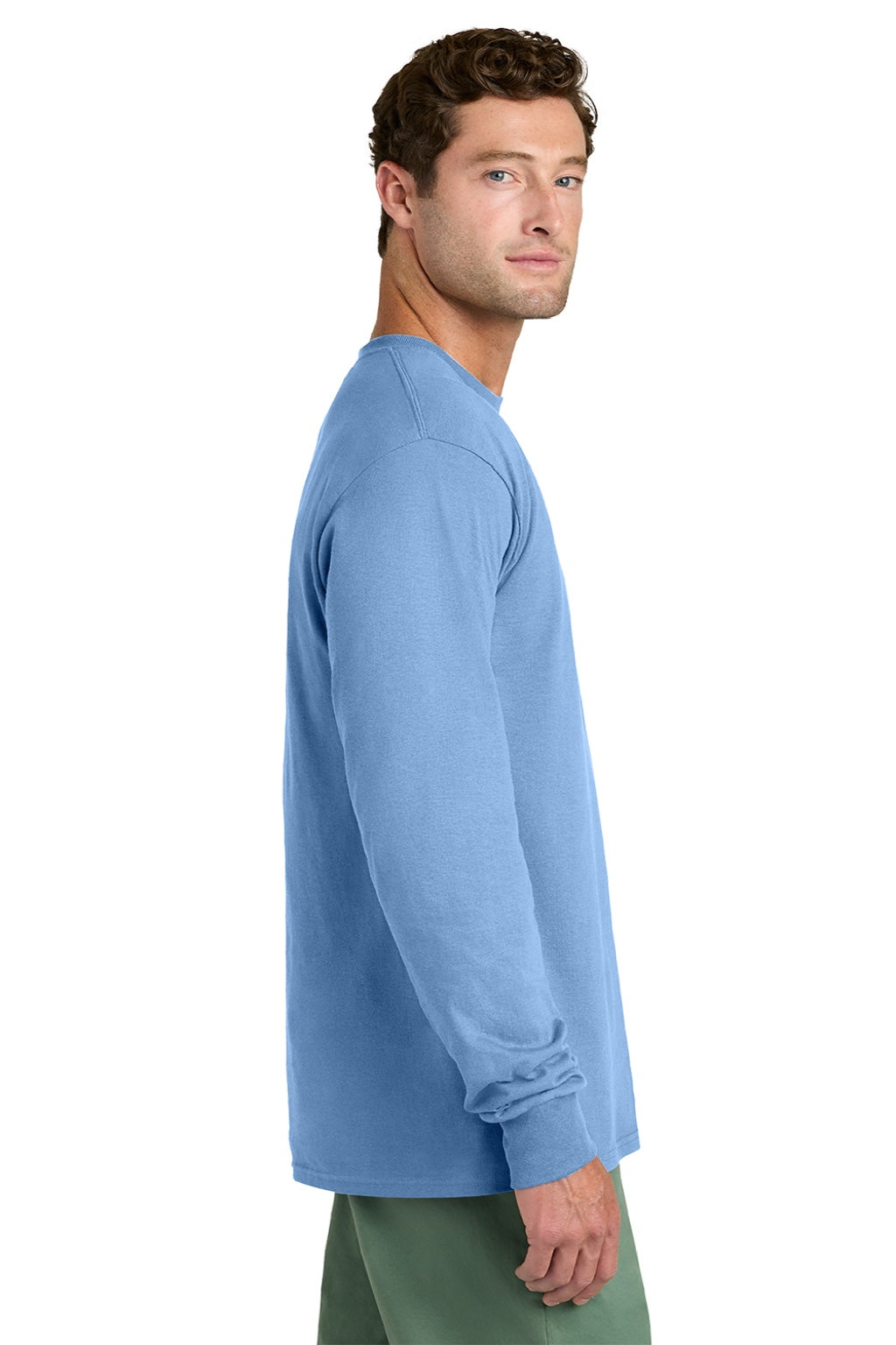 Port & Company PC54LS Mens Core Long Sleeve Crewneck T-Shirt Carolina Blue Model Side